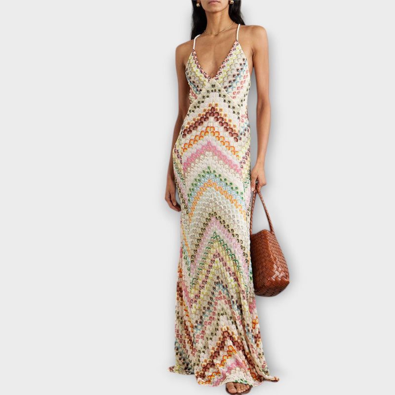 Remi - Missoni Kleurrijk Haringbone Patroon Maxi Jurk
