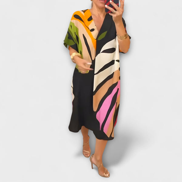Roos - Casual Jurk met Kleurrijke Bladerenprint