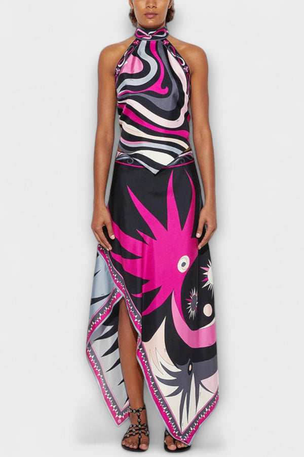 Everly - Haltertop en Asymmetrische Midi Rok Set