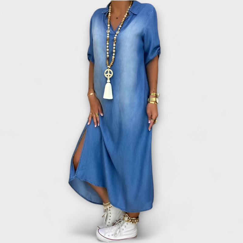 Lea - Lange Denim-Look Jurk met Zijsplit