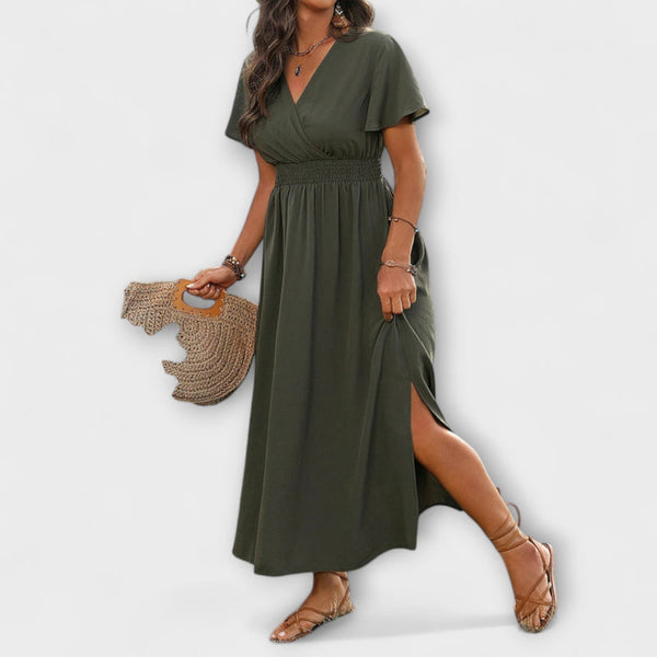 Margo - Maxi Jurk met Korte Flare Mouwen en Zij Split