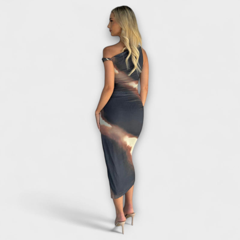 Terra - Stijlvolle Off-Shoulder Midi Jurk met Zijsplit