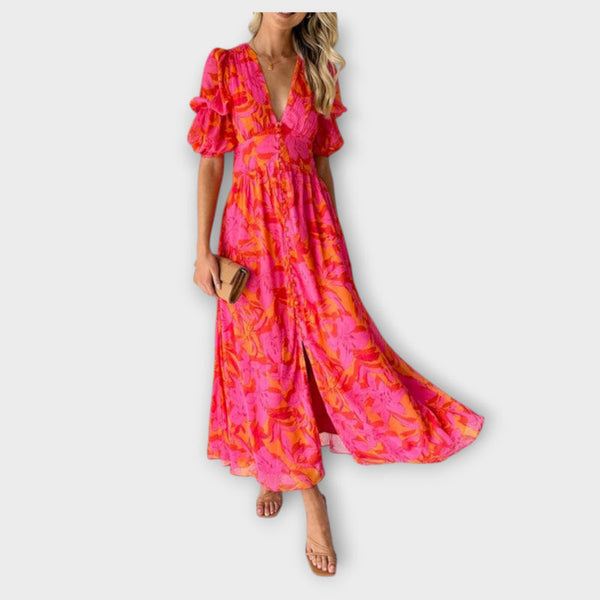 Clara – Chique Maxi Jurk met V-hals en Pofmouwen