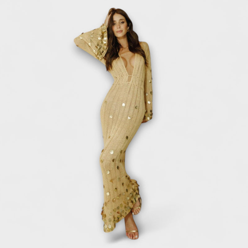 Kathleen - Gouden Gebreide Maxi Jurk van Dolly