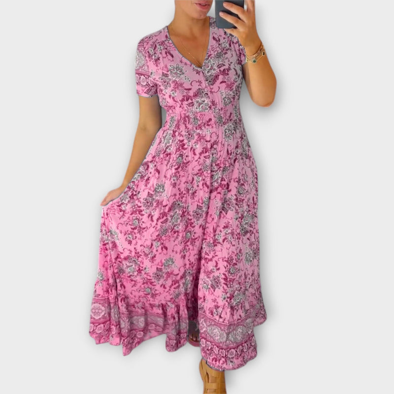 Ellie - Chic Bloemen V-Hals Jurk met Plissé Zoom