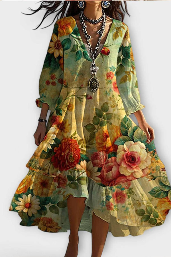 Marina - Vintage Boho Bloemenpatroon V-Hals Jurk