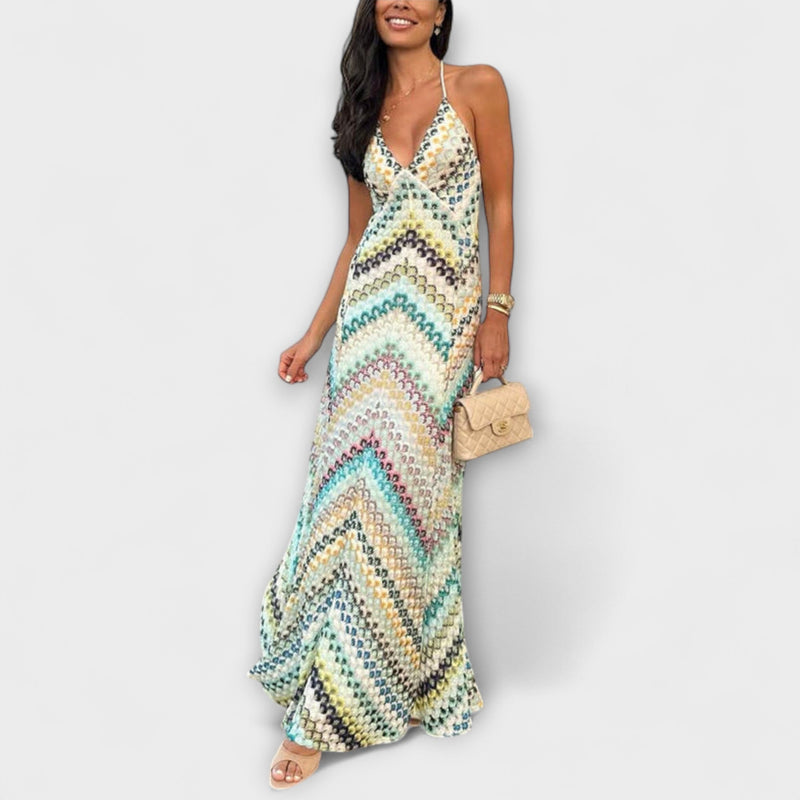 Remi - Missoni Kleurrijk Haringbone Patroon Maxi Jurk
