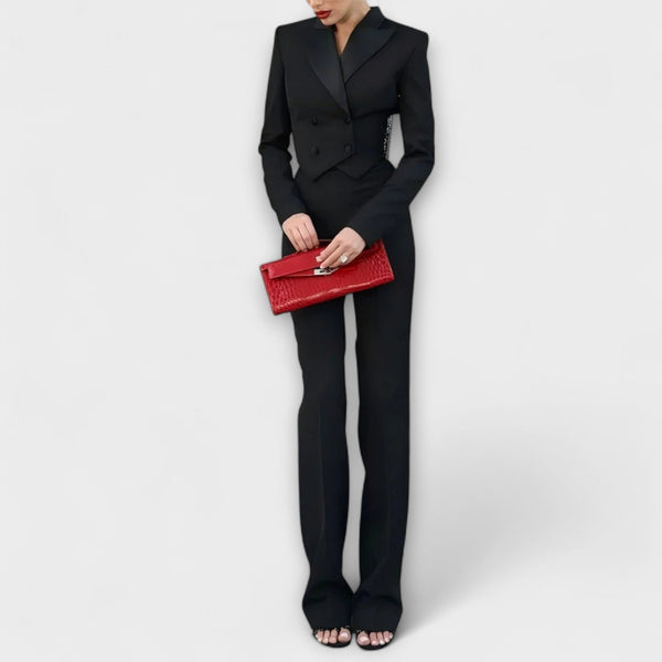 Noa - Zwart Parels Versierd Rugloze Korte Blazer Set