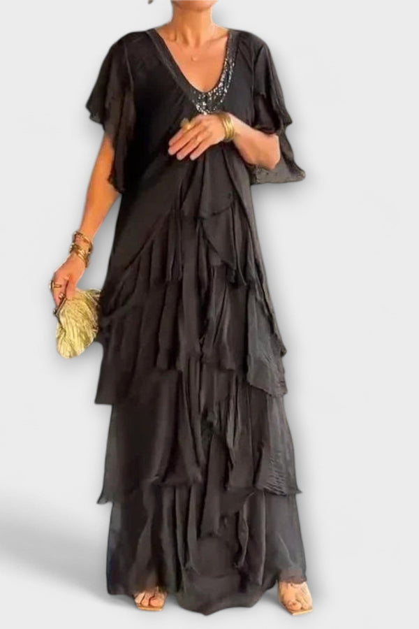 Blaise - V-Hals Maxi Jurk met Rimpel Korte Mouwen