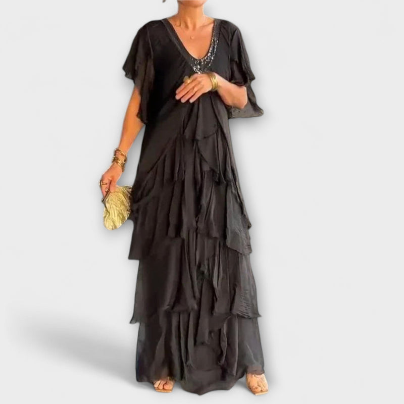 Blaise - V-Hals Maxi Jurk met Rimpel Korte Mouwen
