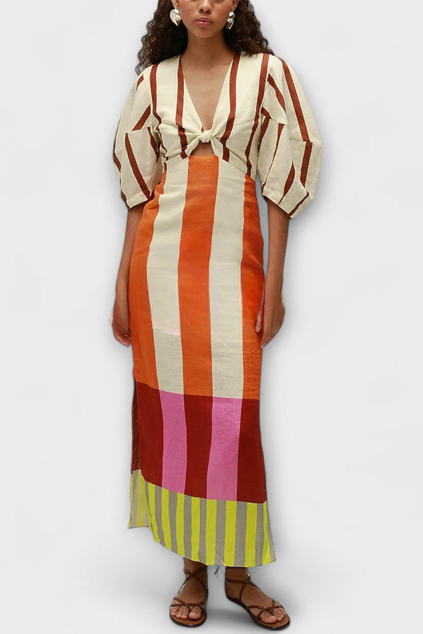 Kaya - Maxi Jurk met Front Cutout en Puff Mouwen