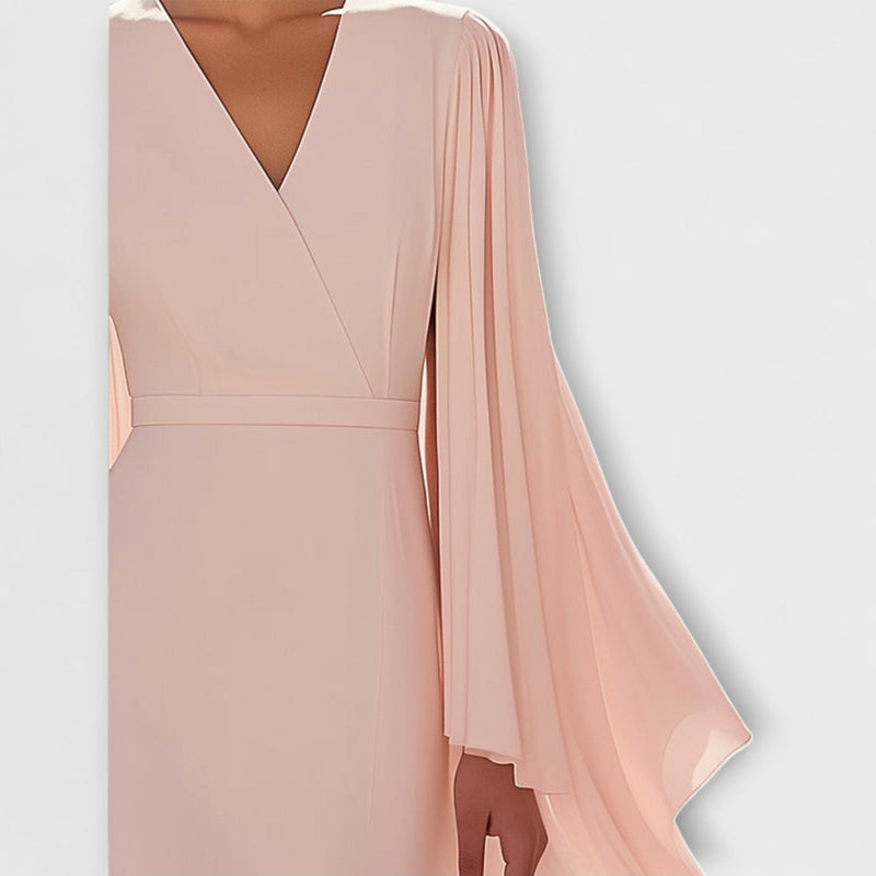 Rachel - Hellrosa Midi-jurk met V-hals en Chiffon Mouwen