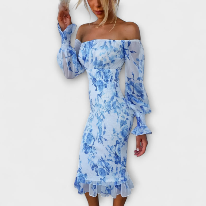 Nadia - Off-Shoulder Bloemen Midi Jurk met Smocked Taille