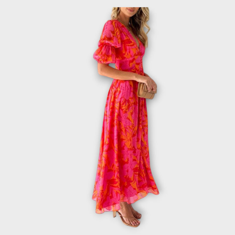 Clara – Chique Maxi Jurk met V-hals en Pofmouwen