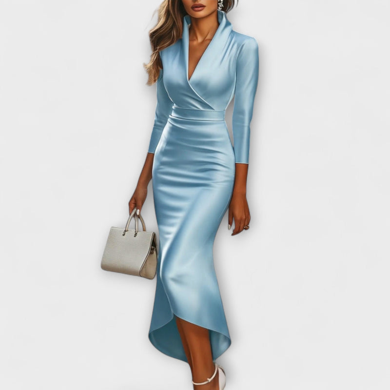 Rebecca - Elegante Witte Satijnen Midi-jurk met V-hals