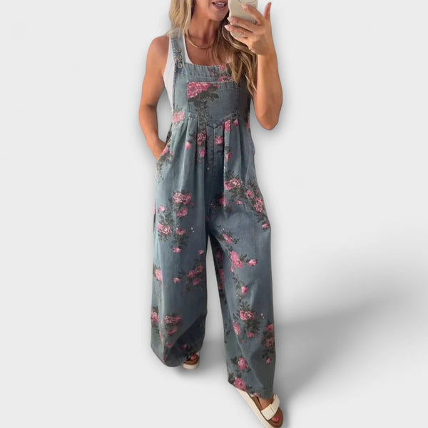 Bethany - Brede Denim Overalls met Bloemenpatroon