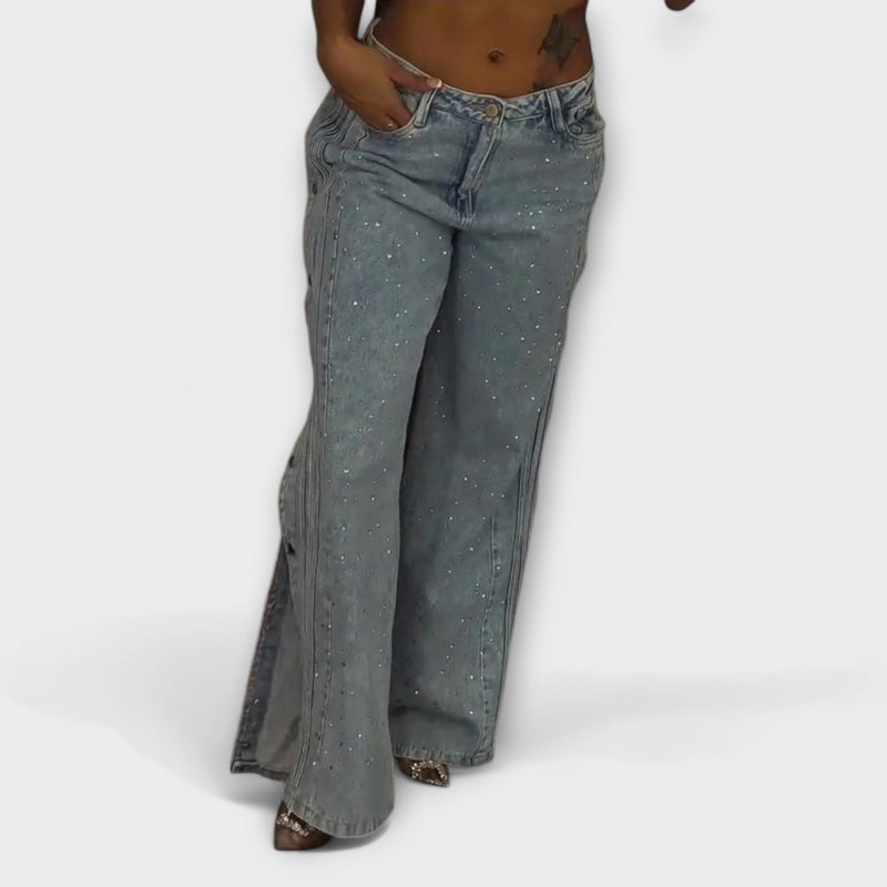 Nola - Hoge Taille Jeans met Strass Versieringen en Zijknopen