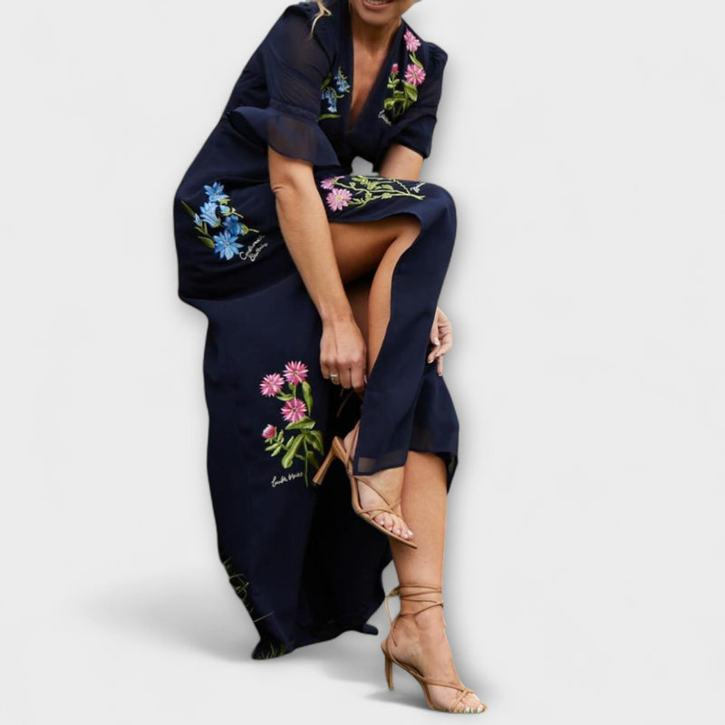 Beatrice - Elegante Marineblauwe Jurk met Bloemembroderie