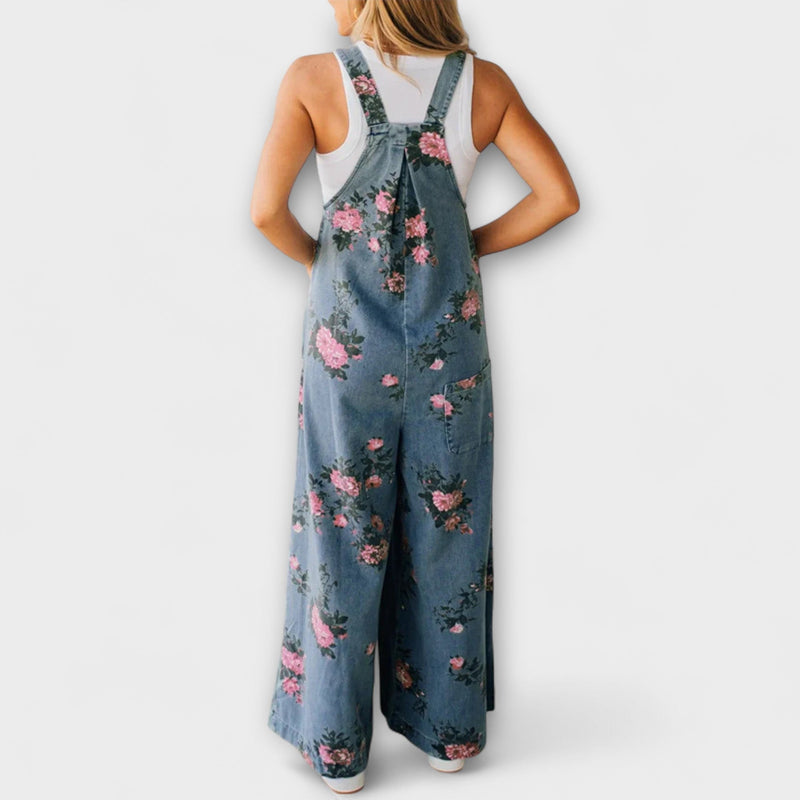 Bethany - Brede Denim Overalls met Bloemenpatroon