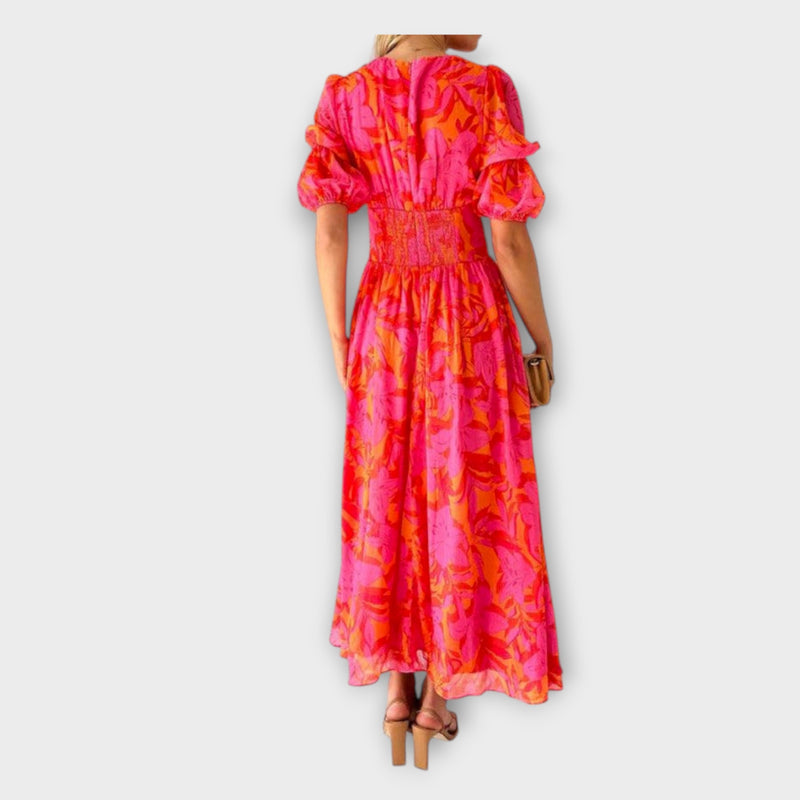 Clara – Chique Maxi Jurk met V-hals en Pofmouwen