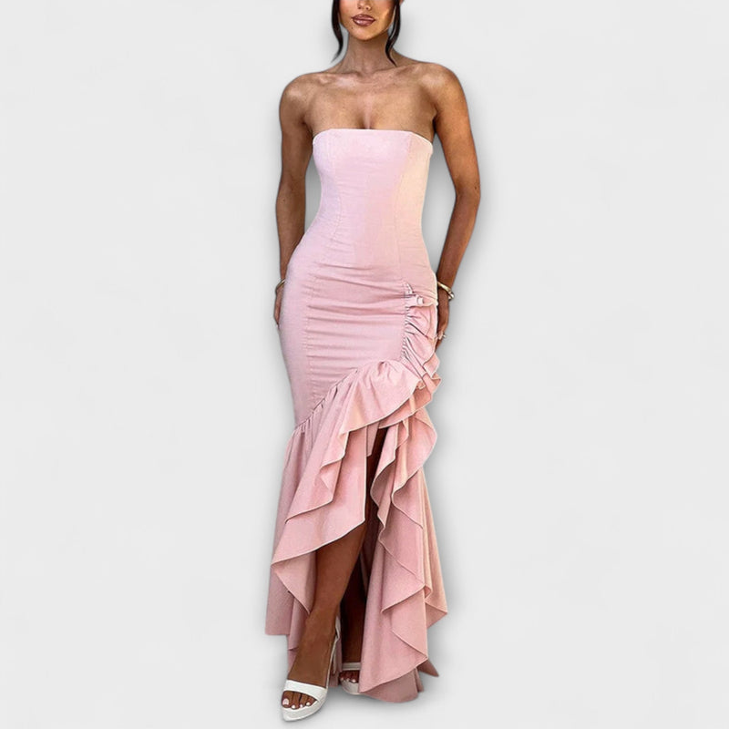 Zuri - Off-Shoulder Slim Fit Maxi Jurk met Asymmetrische Zoom