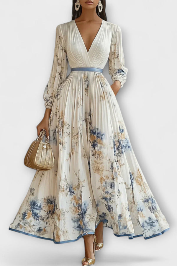 Halston - Chic V-Hals Maxi Jurk met Puff Mouwen