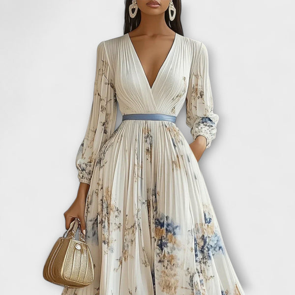 Halston - Chic V-Hals Maxi Jurk met Puff Mouwen