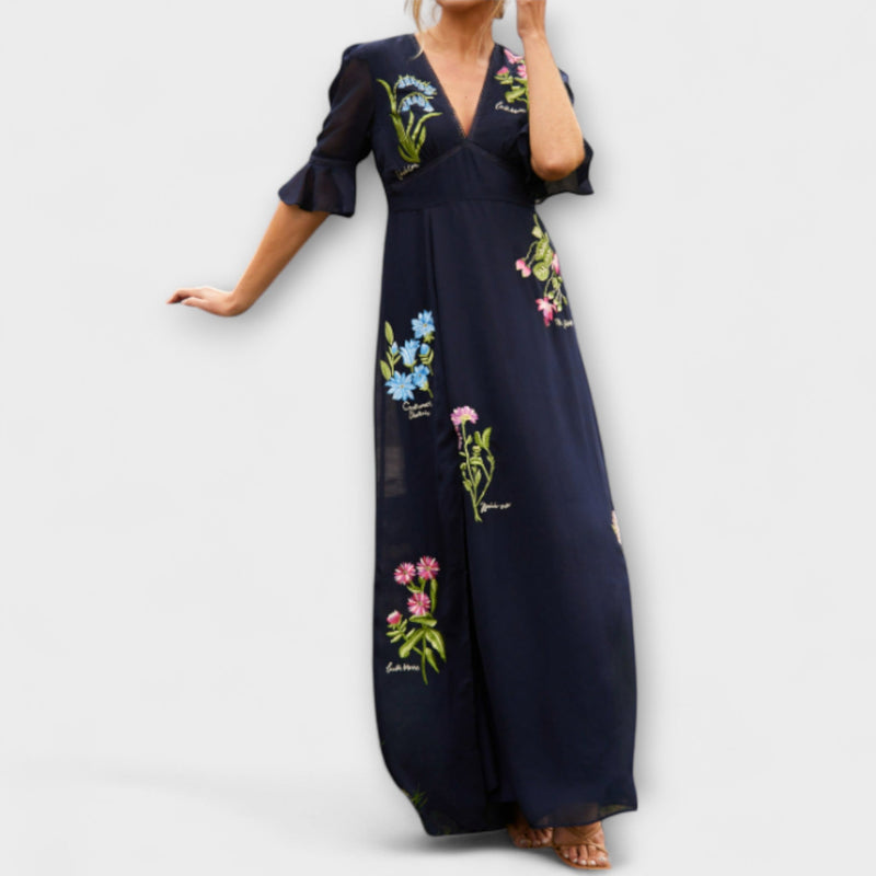 Beatrice - Elegante Marineblauwe Jurk met Bloemembroderie
