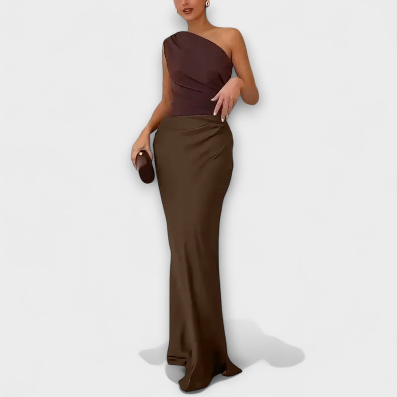Elegante Eén-Schouder Plissé Maxi Jurk