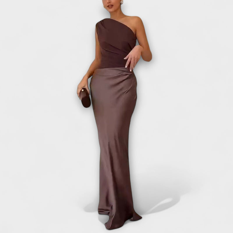 Elegante Eén-Schouder Plissé Maxi Jurk