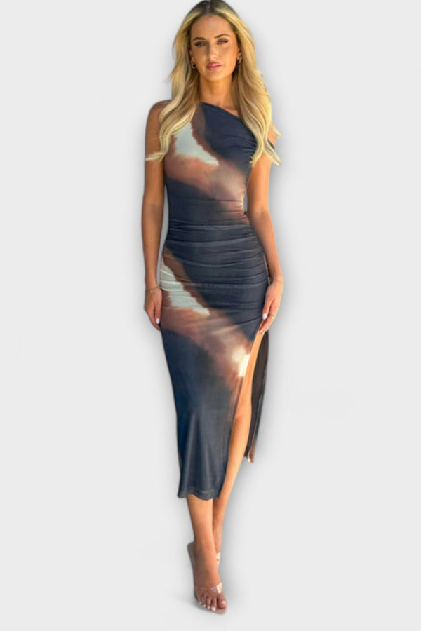 Terra - Stijlvolle Off-Shoulder Midi Jurk met Zijsplit