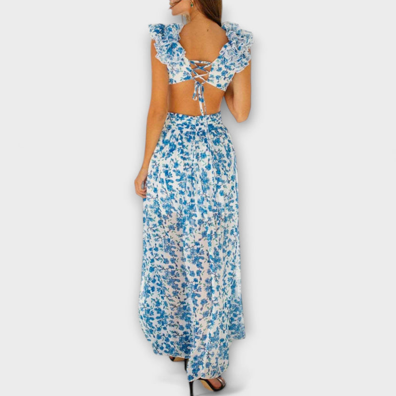 Elin - Maxi Jurk met Rimpelrand en Uitsnijdetails