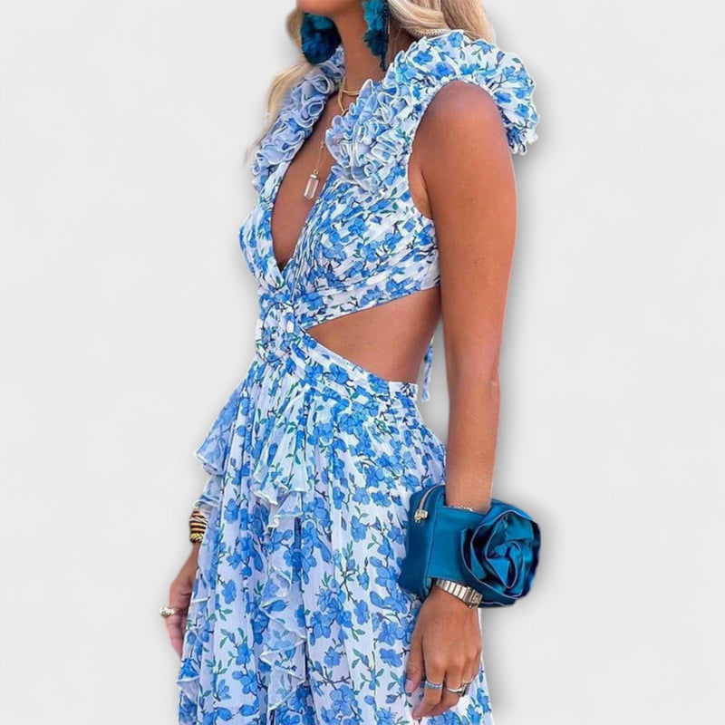 Elin - Maxi Jurk met Rimpelrand en Uitsnijdetails