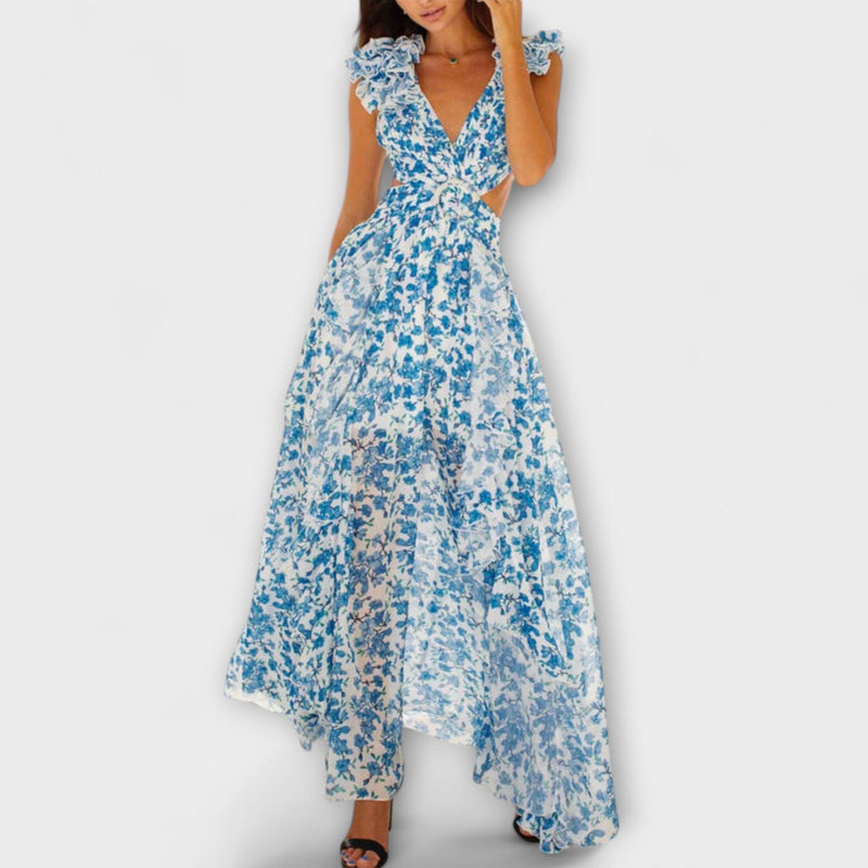 Elin - Maxi Jurk met Rimpelrand en Uitsnijdetails