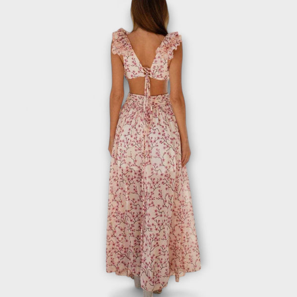 Elin - Maxi Jurk met Rimpelrand en Uitsnijdetails