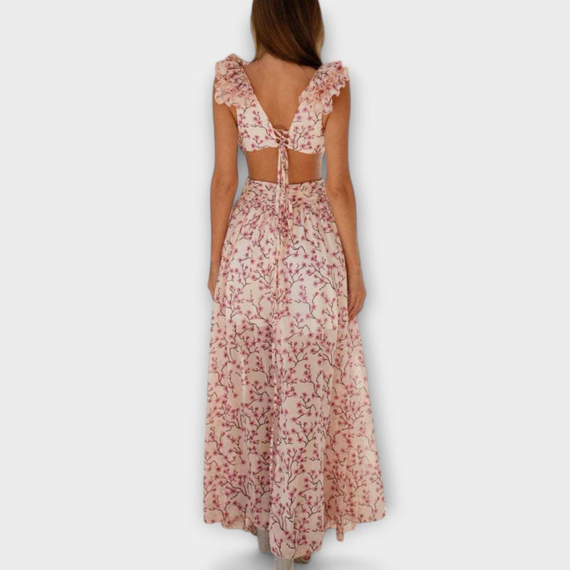 Elin - Maxi Jurk met Rimpelrand en Uitsnijdetails