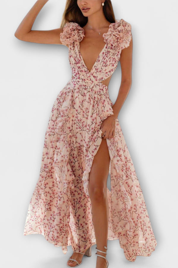 Elin - Maxi Jurk met Rimpelrand en Uitsnijdetails