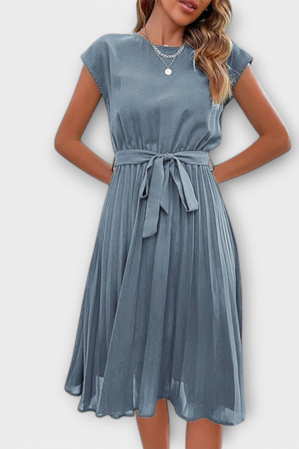Claire - Korte Mouw, Plissé, Casual Midi Jurk