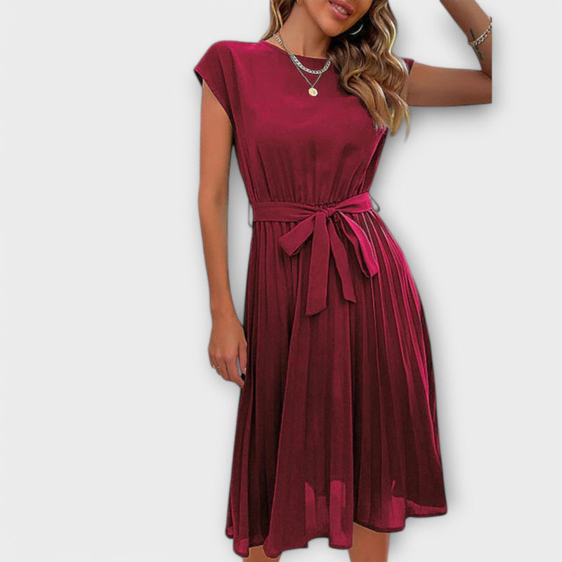 Claire - Korte Mouw, Geplooide, Casual Midi Jurk