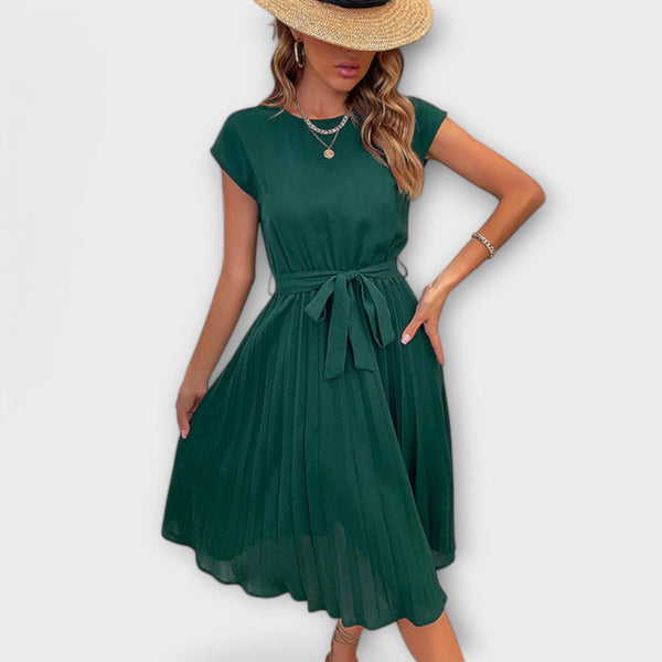 Claire - Korte Mouw, Plissé, Casual Midi Jurk