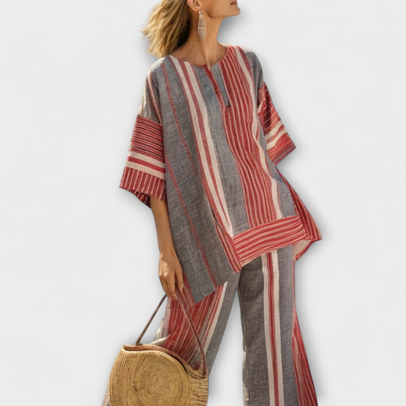 Jessica - Modern Linnen Top met Gestreepte Rok