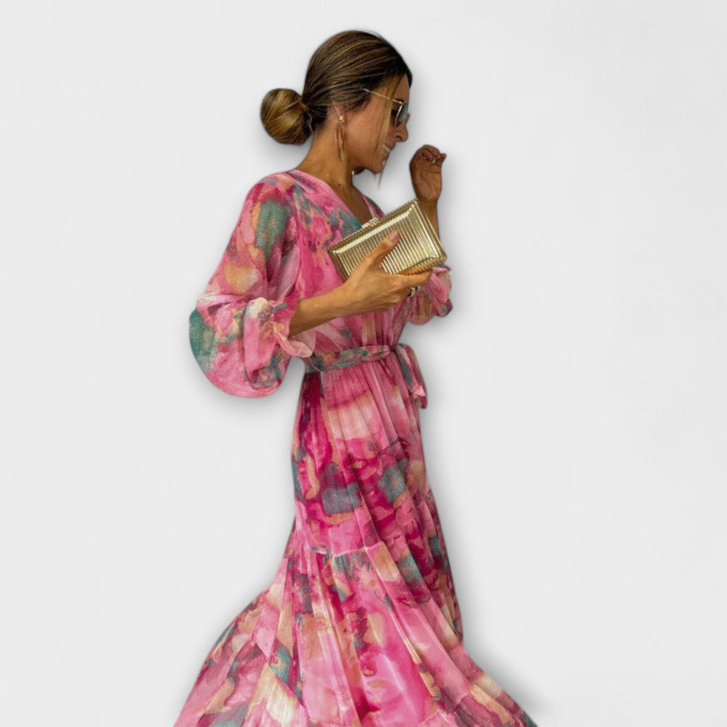 Trinity - Bohemian Plissé V-Hals Maxi Jurk