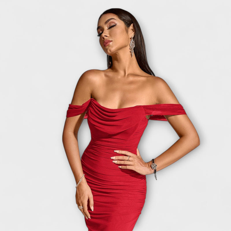 Ione - Off-Shoulder Rimpel Bodycon Jurk