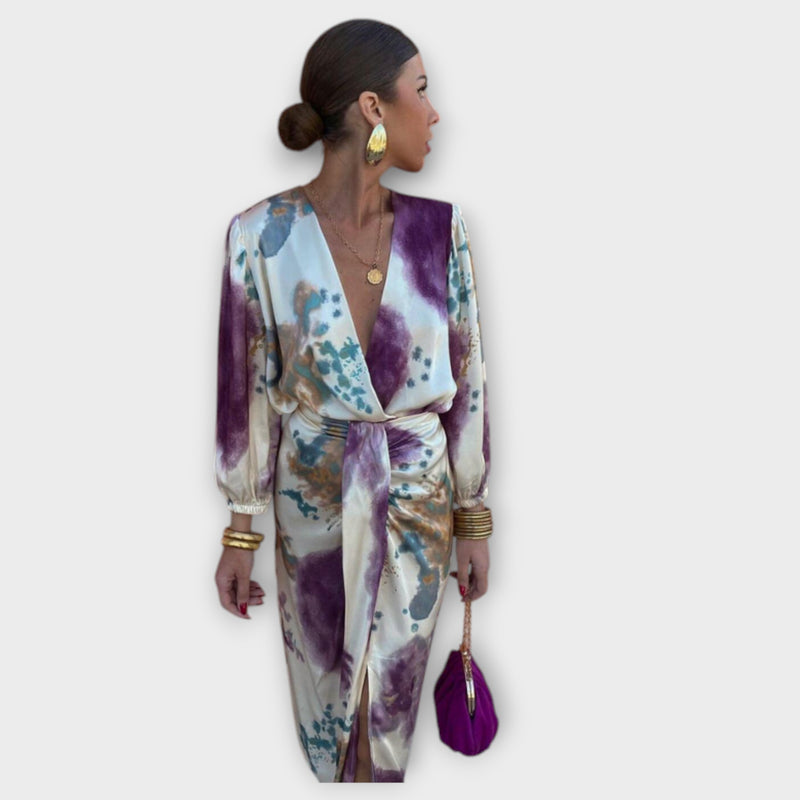 Davina - Chic V-Hals Lange Mouw Split Maxi Jurk