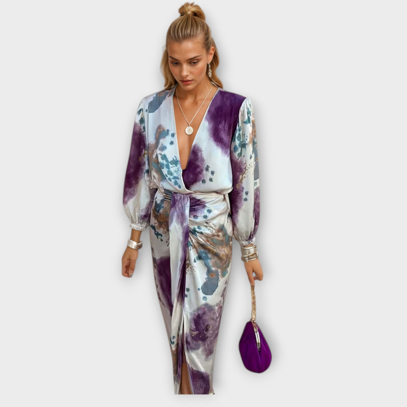 Davina - Chic V-Hals Lange Mouw Split Maxi Jurk