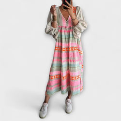Ziggy - Retro V-Hals Puff Mouw Maxi Jurk