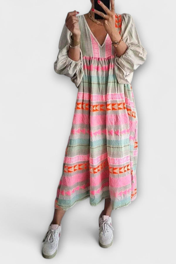Ziggy - Retro V-Hals Puff Mouw Maxi Jurk