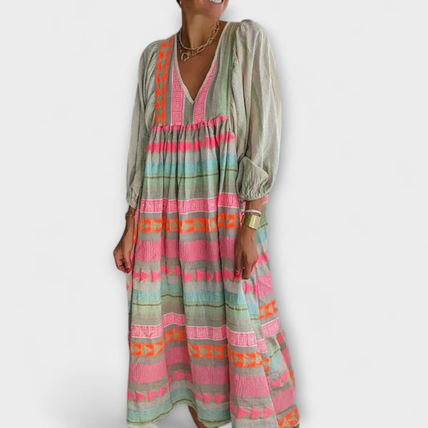 Ziggy - Retro V-Hals Puff Mouw Maxi Jurk