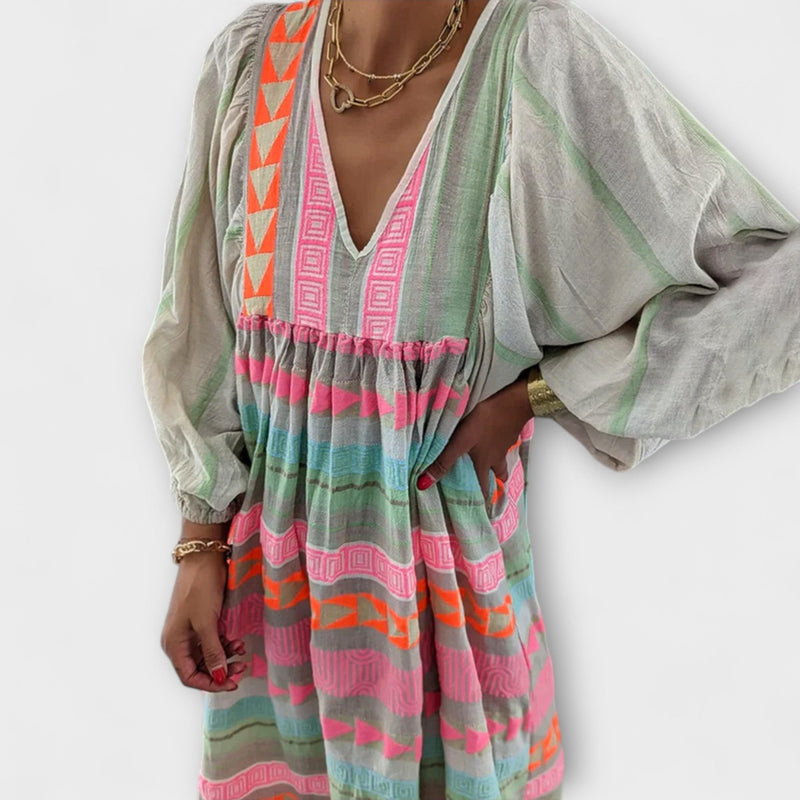Ziggy - Retro V-Hals Puff Mouw Maxi Jurk