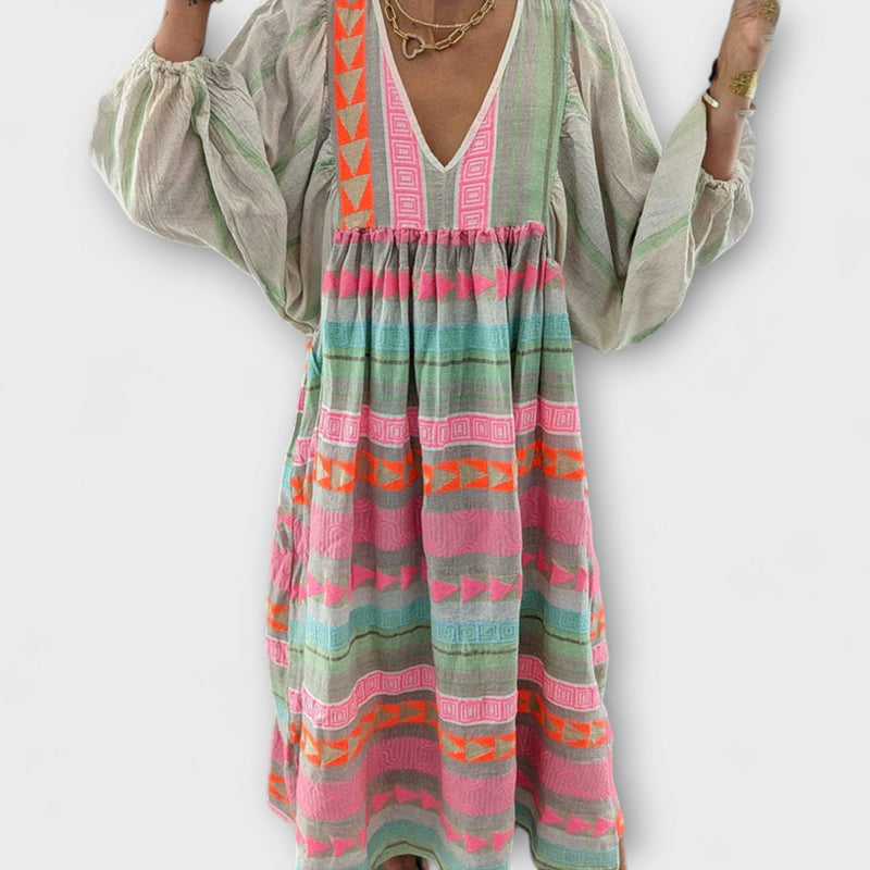 Ziggy - Retro V-Hals Puff Mouw Maxi Jurk